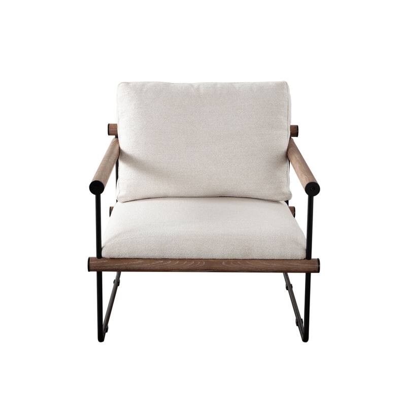 Accent Armchair, Brown Solid Wood Armrests, 31 Inch, Cream Fabric Seat