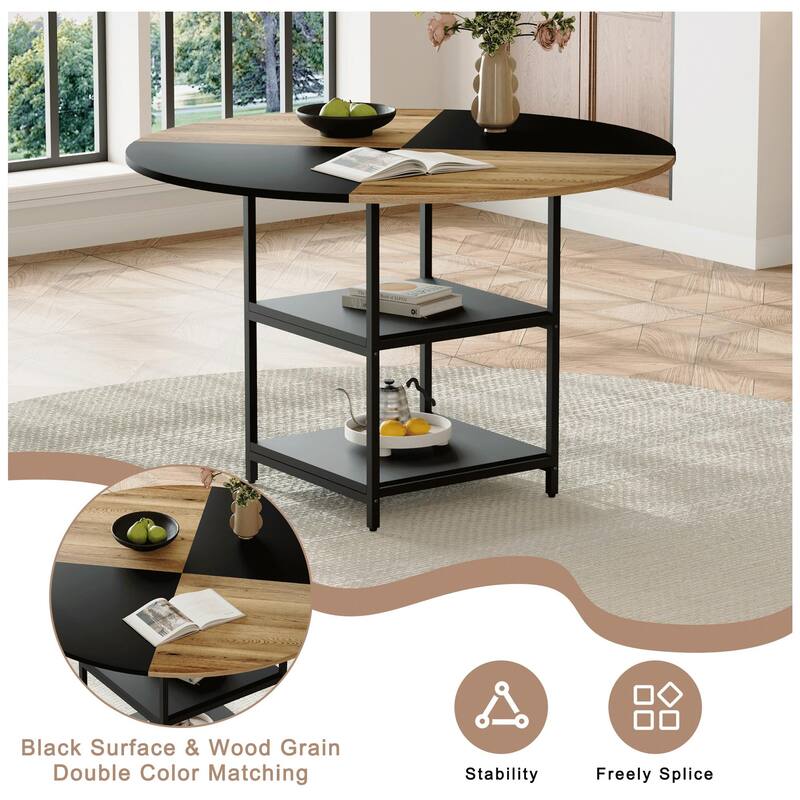 Roomfitters 5/7pcs Spliced Color Round Dining Table Set with Storage Shelf and PU Dining Chairs, Sleek and Comfortable, Black
