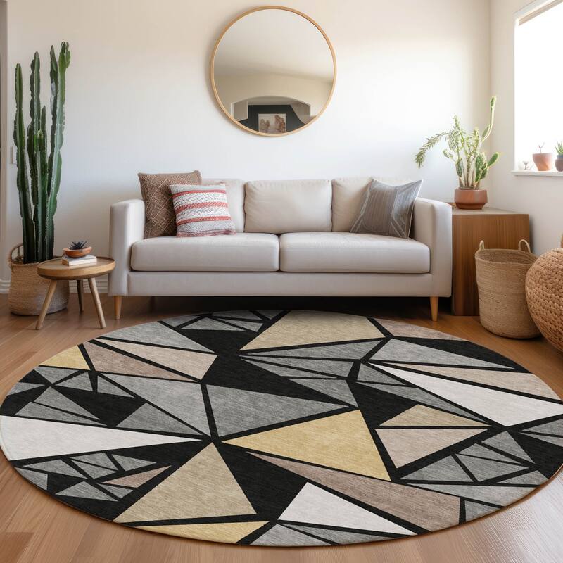 Machine Washable Indoor/ Outdoor Abstract Mosaic Chantille Rug - Black - 8' x 8'