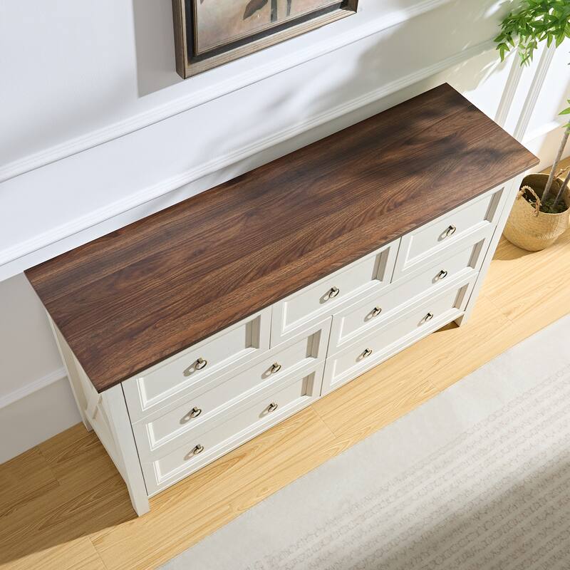 Farmhouse Style 7-Drawer Horizontal Dresser with Rustic Wood Wide Finish and Metal Ring Handle