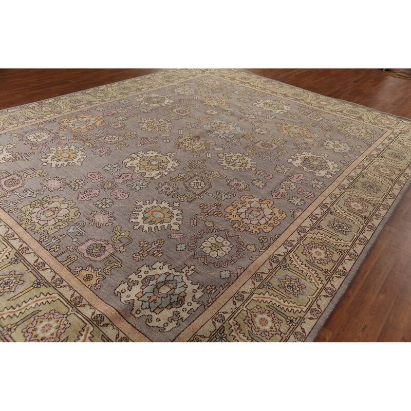 Vegetable Dye Oushak Turkish Large Rug Hand-Knotted Grey Wool Carpet - 10'5"x 13'8"