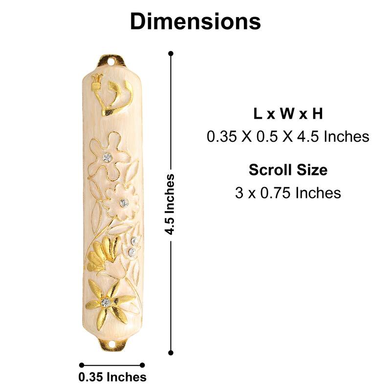 Hand Painted White Enamel Mezuzah Embellished with a Floral Design with Gold Accents and High Quality Crystals by Matashi