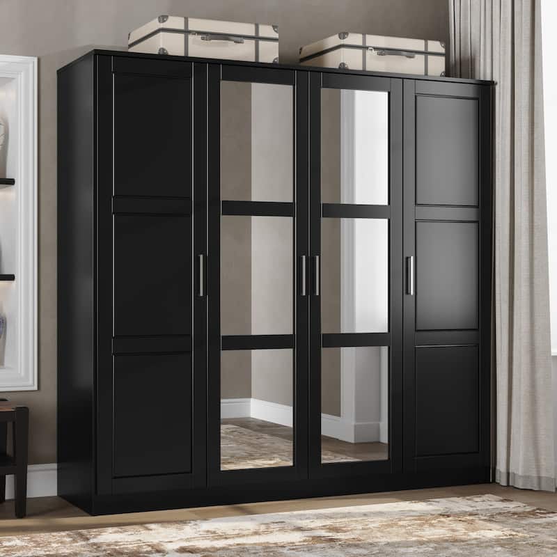 100% Solid Wood Cosmo 4-Door Wardrobe with Solid Wood or Mirrored Doors - Black-Mirror