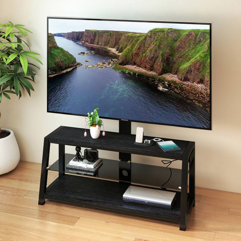 Wooden Storage TV Stand Black Tempered Glass Height Adjustable Universal Swivel Entertainment Center With Mount TV Stand,black
