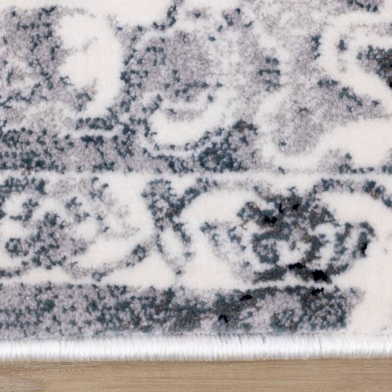 Sheffield Collection - Blue/Grey/Cream Distressed Border Rug