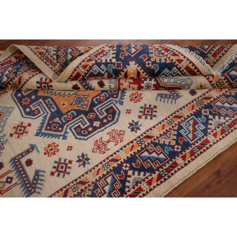 Geometric Beige / Ivory Kazak Accent Rug Hand-Knotted Wool Carpet - 4'0" x 6'1"