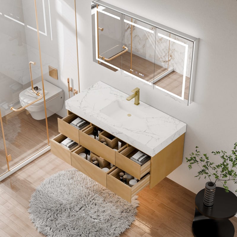 Modland 48" Floating Bathroom Vanity with Single/Double Sink, Modern Maple Wood Wall Mounted Vanity with Marble Countertop