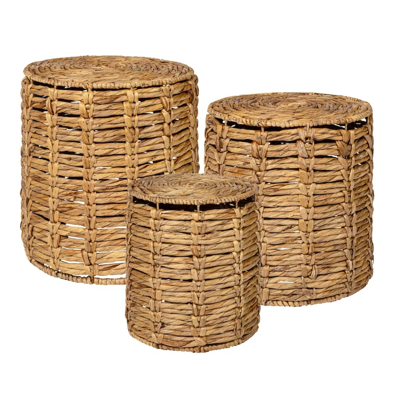JONATHAN Y Zaria 18" Coastal Bohemian Handwoven Water Hyacinth Nesting Round Accent Table (Set 3) - Natural