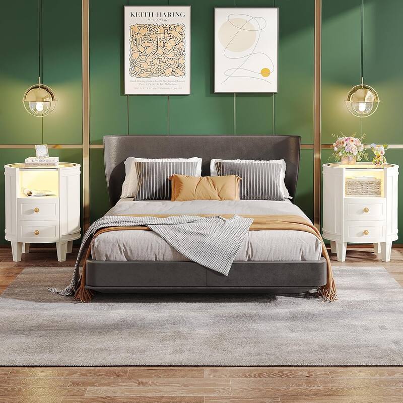 Oval/Round LED Nightstand, 2-Drawer Modern Night Stand, Side Table for Bedroom