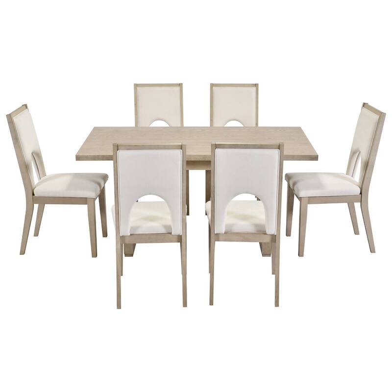Wood Dining Table Set for 6, 1 Dining Table & 6 Upholstered Chairs
