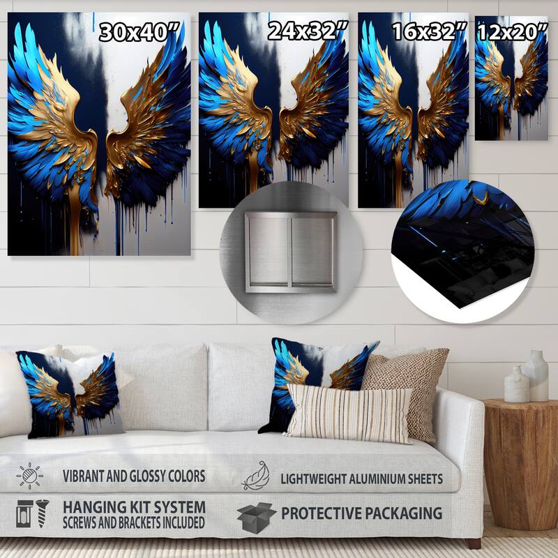 Designart 'Blue And Gold Angel Wings I' Wings Angel Metal Wall Art