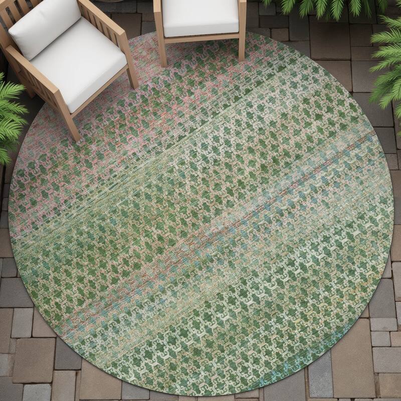 Machine Washable Indoor/Outdoor Stripe Medallions Chantille Rug - Aloe - 8' x 8'