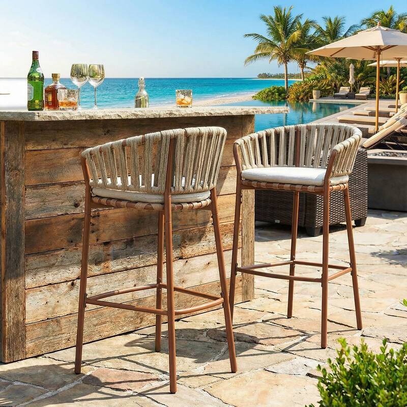 Roomfitters Lodi Outdoor Metal Rope Barstools with Teak Finish Frame, Coastal Patio Seating, Beige Set of 2