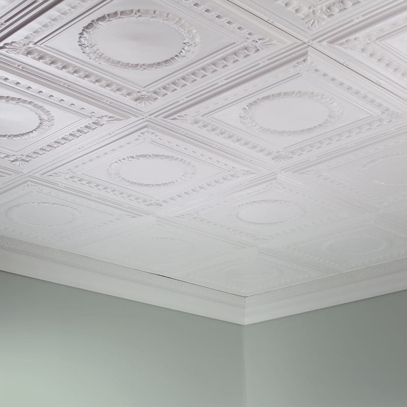 FASÄDE Rosette Decorative Vinyl 2ft x 4ft Glue Up Ceiling Panel in Gloss White (5 Pack)