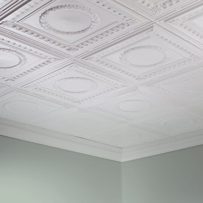Fasade Rosette Decorative Vinyl 2ft x 4ft Glue Up Ceiling Tile in Gloss White