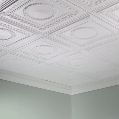 FASÄDE Rosette Decorative Vinyl 2ft x 4ft Glue Up Ceiling Panel in Matte White (5 Pack)
