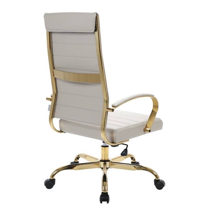 Benmar High-Back Leather Office Desk Chair in Brushed Gold Steel Frame Cushion Padded Armrests Tilt Lock Swivel Ergonomic Chair