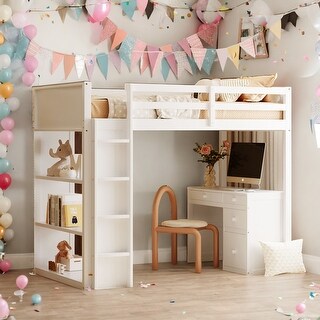 Twin Size Loft Bed With Ladder,Shelves and Desk for Home