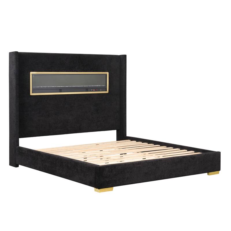 Furniture of America Stephanie Modern Boucle Bed with 3D Fireplace Simulator and Bluetooth Audio