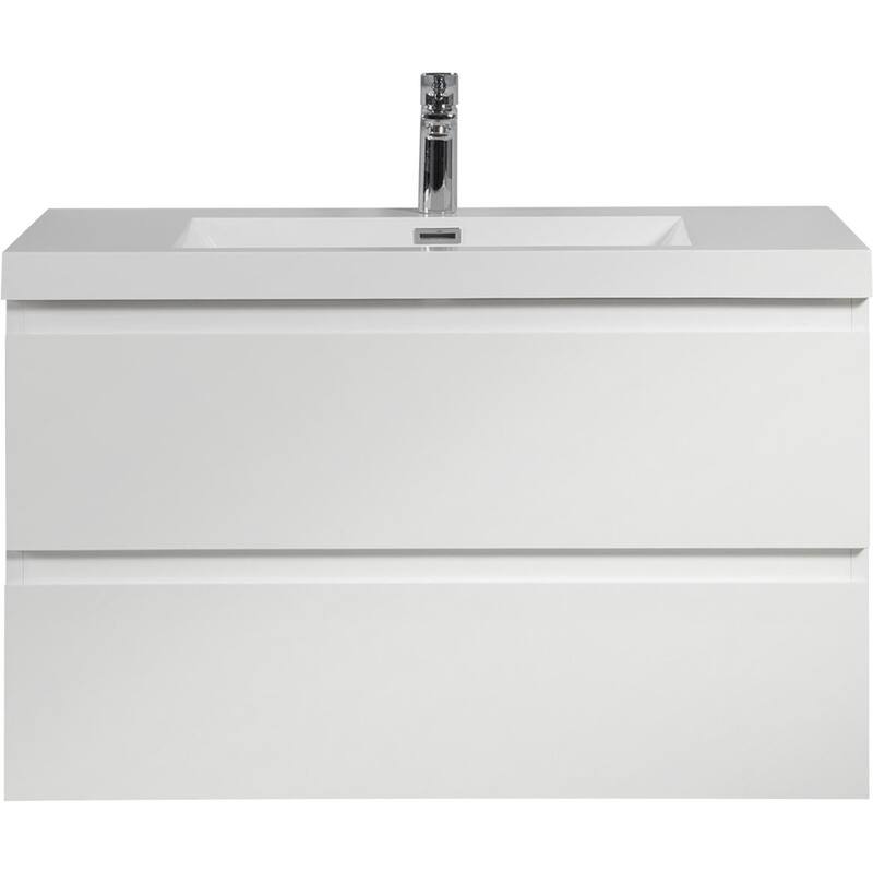 36" Wall-Mounted Floating Bathroom Vanity with Glossy White Resin Sink, Soft Close Drawers, Natural Oak Cabinet