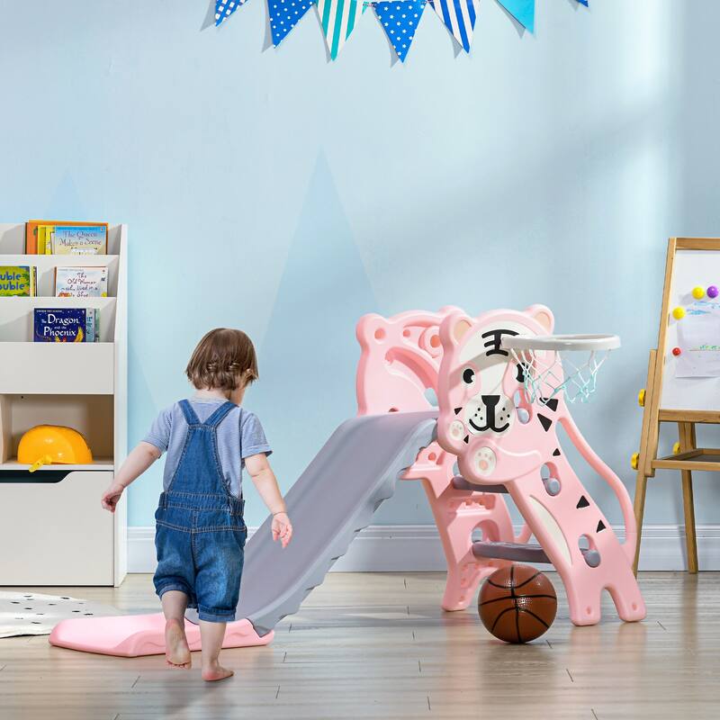 Kids Cartoon Pattern PE Indoor Slide with Basketball Hoop and Climber for Ages 18-36 Months - 52.25" L x 23.5" W x 27.5" H - Pink-Grey