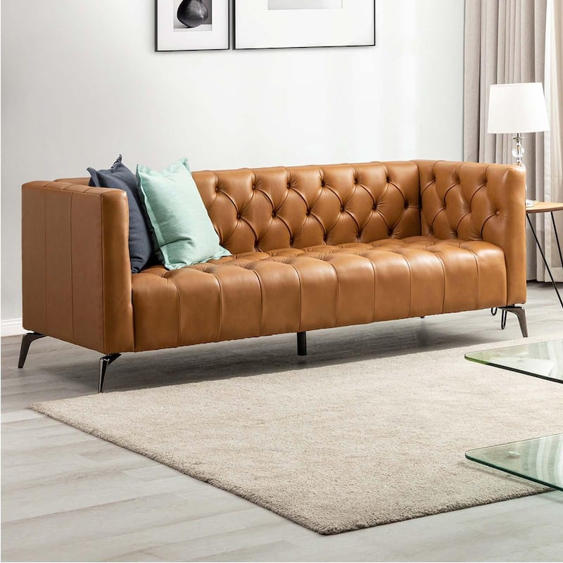 Nestor Transitional Genuine Leather Sofa with Metal Legs and Tufted Back - CAMEL