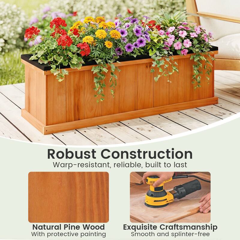 Gymax Wood Raised Garden Bed w/Drainage Holes & Liner for Flowers