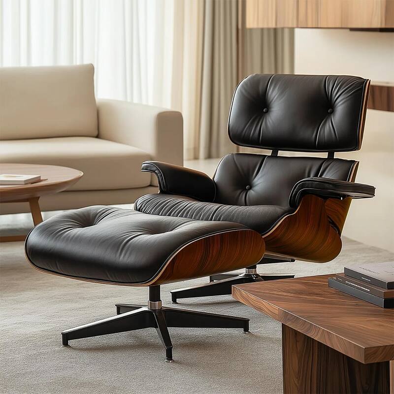Genuine Leather Accent Lounge Chair and Ottoman Walnut Wood