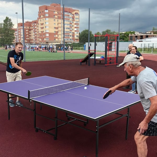 slide 2 of 5, 9ft Full Size Folding Rolling Ping Pong Table with Net and 4 Wheels Blue - 16 Years and Up