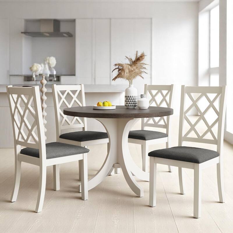 Mid-Century 5-Piece Solid Wood Round Dining Table Set with 4 Upholstered Chairs for Small Spaces, Kitchen or Dining Room