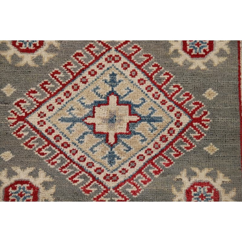 Gray Geometric Kazak Runner Rug Handmade Wool Carpet - 2'9" x 16'5"