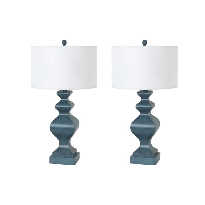 Set of 2 Contemporary 31" Distressed Teal Blue Table Lamps with Drum Cotton Shade and Rotary Switch - 31"H x 6.25"W x 6.25"D
