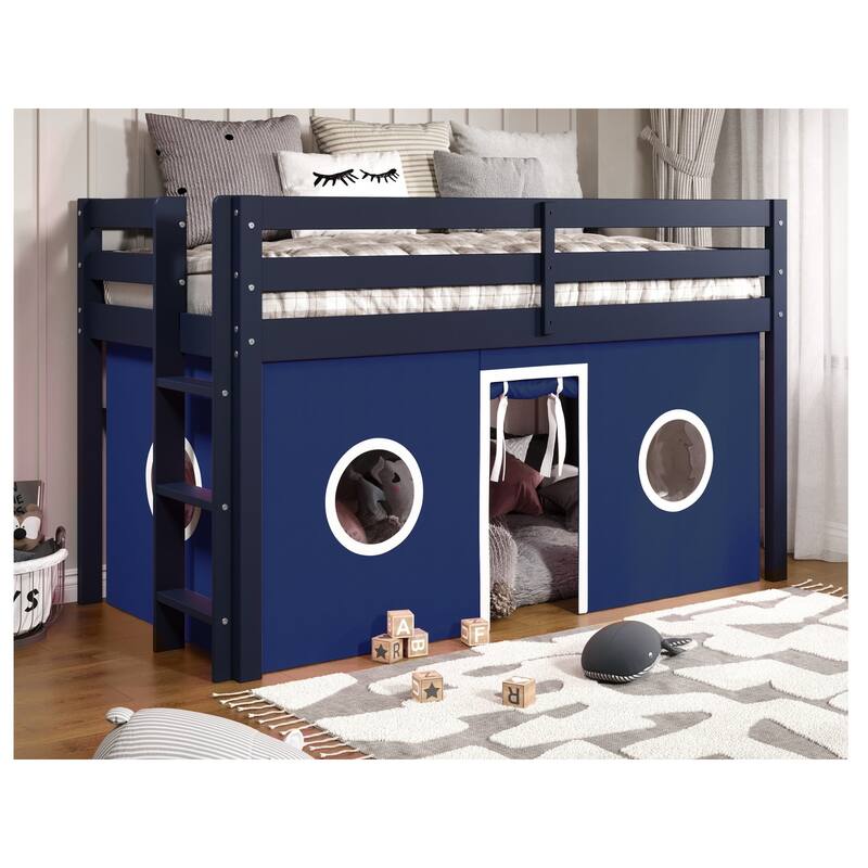 Taylor & Olive Trillium Low Loft Twin Bed with End Ladder - Loft Bed with Ladder - Blue with Blue & White Tent