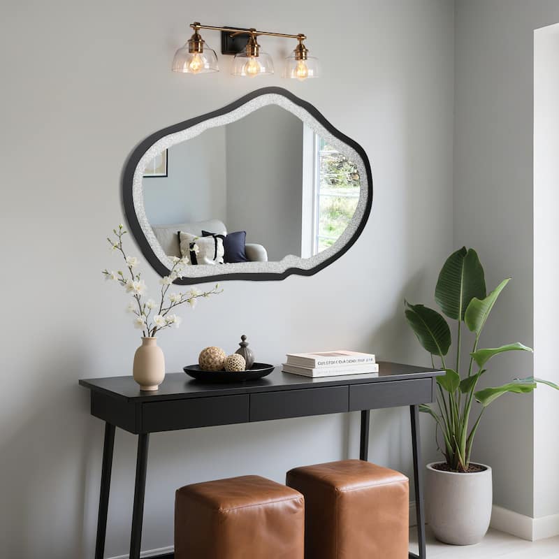 Mireve Modern Irregular Black Frame Mirror with Faux Diamond Inlay Wall Decor - W31.9"xD0.8"xH47.2"