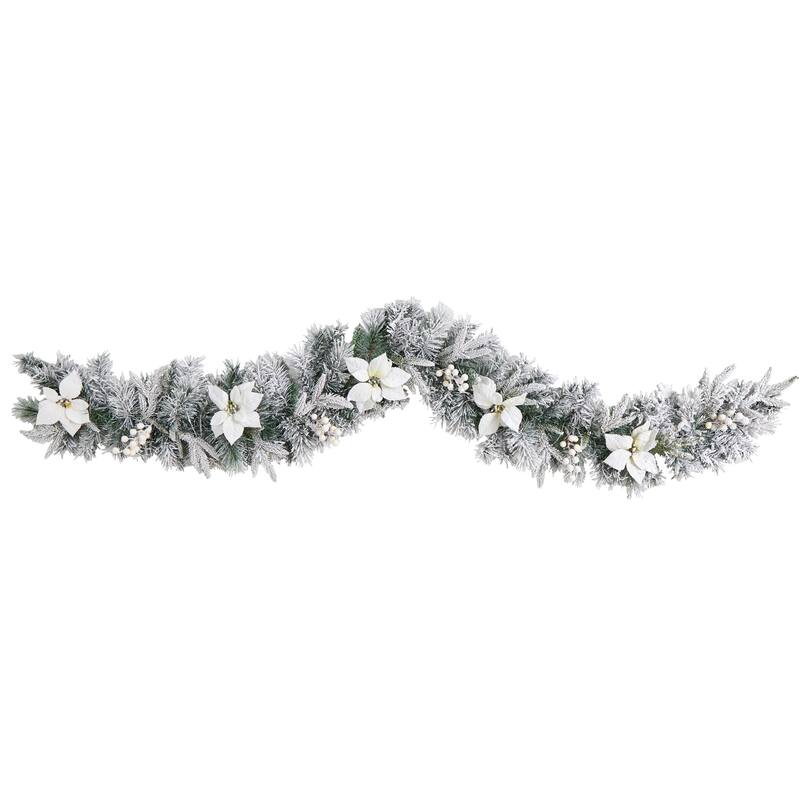 Pre-Lit Flocked Poinsettia and Berry Artificial Battery Operated Christmas Garland - 6' x 10" - Clear LED