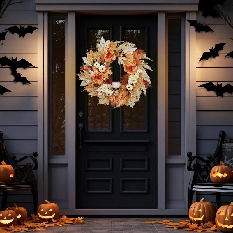 22 Inch Halloween Wreath with Lights White Pumpkins Roses