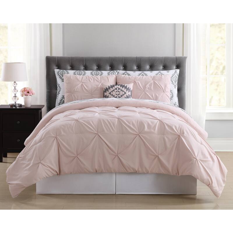 Truly Soft Pinch Pleat 8 Piece Bed in a Bag with Kilim Printed Sheets - Blush - Twin - 6 Piece