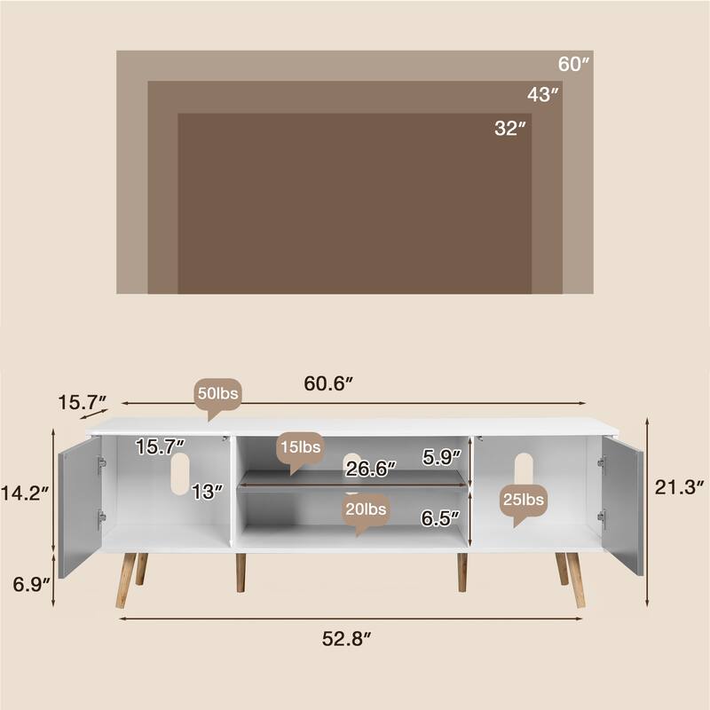 AVAWING Mid-Century Modern TV Stand for 60" TV with Storage and Open Shelf