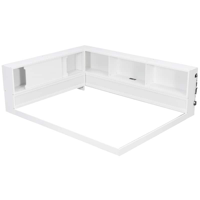 Queen L-Shape Storage Daybed with LED Shelf, Hidden Slide Cabinet & Built-In USB Power Hub by Harper&Bright Designs