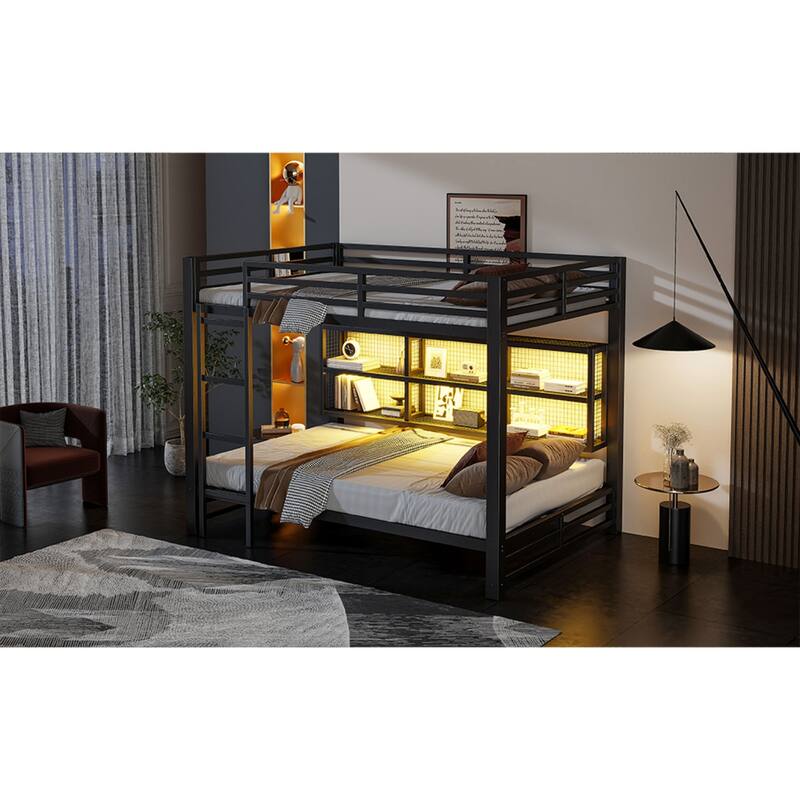 Queen over Queen Size Bunk Bed with Mesh Storage Cabinets and LED Lights, Metal Bed Frame with Ladder and Guardrail