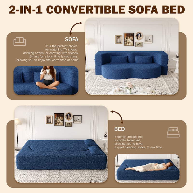 Convertible Floor Sofa with Teddy Fabric, Twin Mattress & No Assembly
