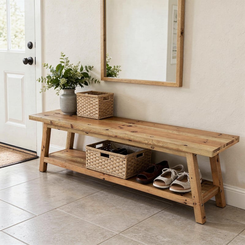 Solid Wood Shoe Bench with 2-tier Storage