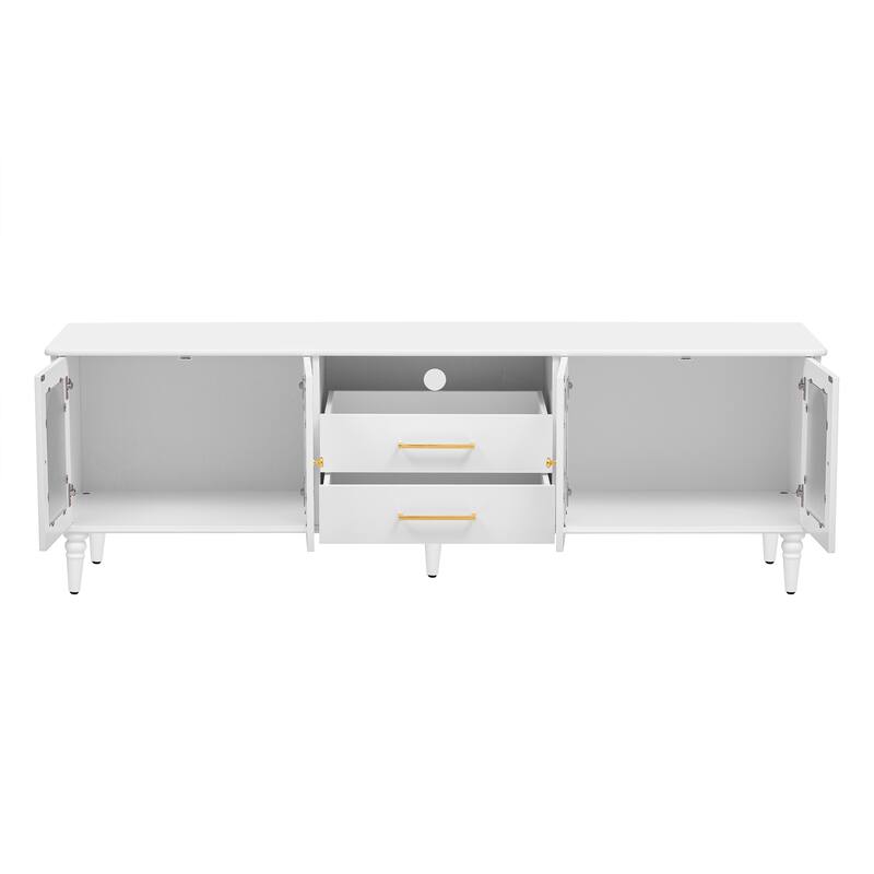Roomfitters Retro TV Stand for up to 75 Inch TV, Entertainment Console with Fluted Glass Doors and Wood Legs, White