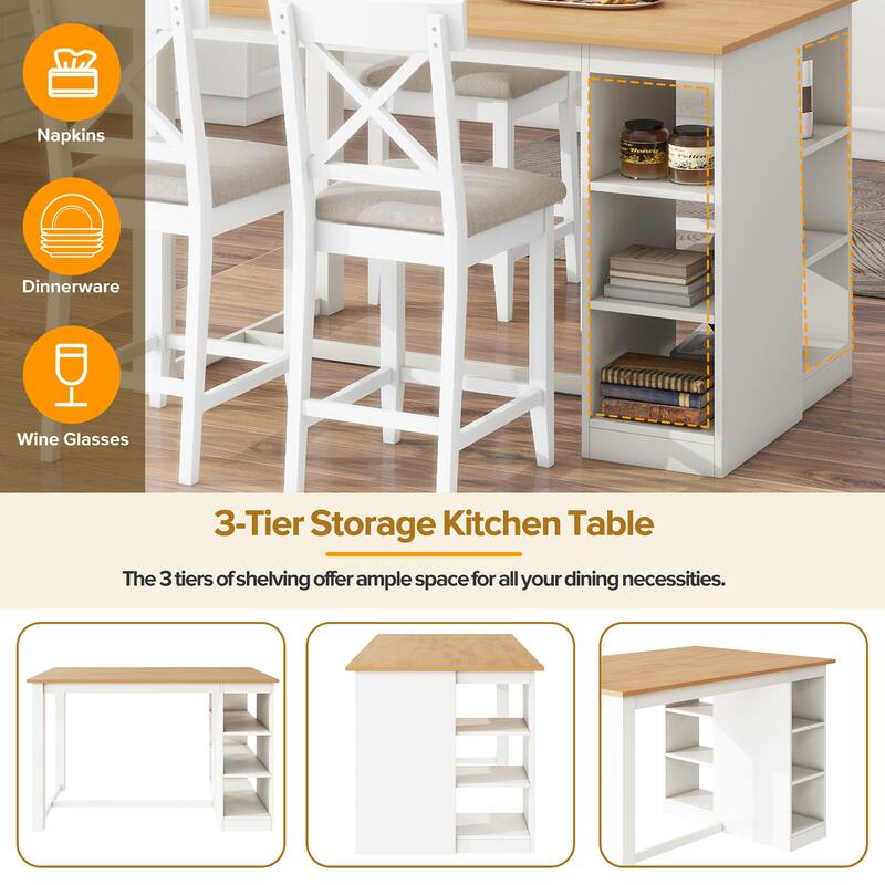 Solid Wood Farmhouse Counter Height Dining Table Set with 3-Tier Storage Shelves, Upholstered Dining Chairs for 4, 5-Piece - Natural+White