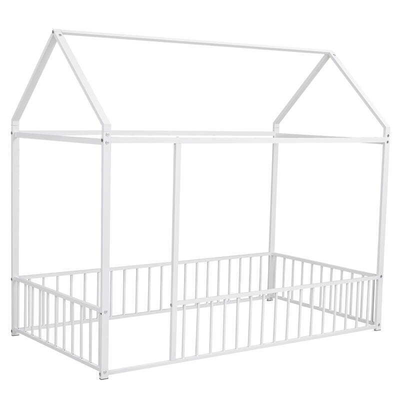 Metal House Bed Frame with Fence and Roof for Kids and Teens