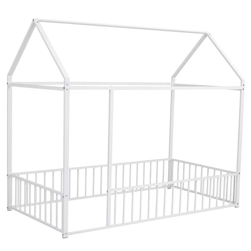 Twin Size Metal Bed House Bed Frame with Fence, for Kids, Teens, Girls, Boys - White