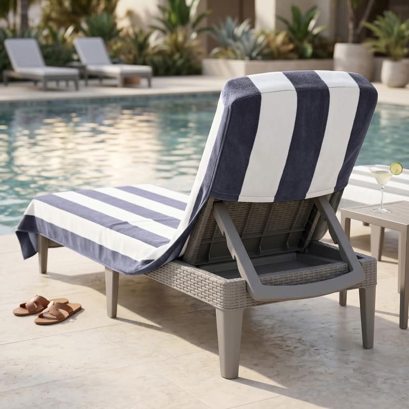 100% Cotton Cabana‑Stripe Lounge Chair Cover Terry Towel with Fitted Pocket & Back Flap