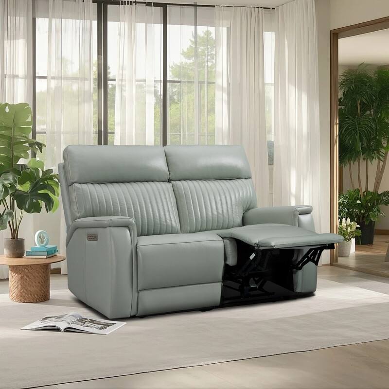 Genuine Leather Reclining Loveseat with Triple Power Adjustable Headrest, Lumbar Support, Zero Gravity, USB & USB-C Ports - SeaFoam