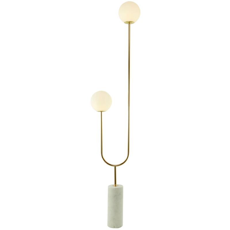Metal Curved Orb 2 Light Floor Lamp with White Glass Shades and Black Marble Base - Gold or Silver - Roche River Decor - Gold