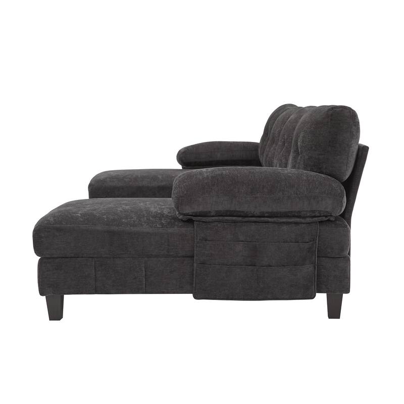 U-shaped Sectional Sofa, Chenille Fabric, Dual Chaise Lounges, Storage Pockets, Armrest Pillows, Black